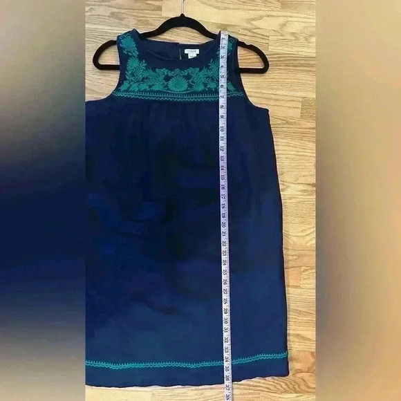 J Crew Factory Shift Dress Navy/Green Embroidered Linen Blend Pockets - Sz Small - Picture 10 of 12